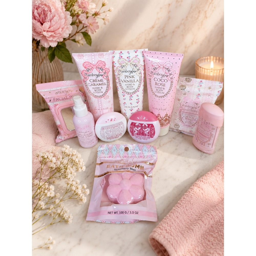 10 PC Amber Glow Beauty Bundle Lotion, Wave Spray, Wipes, Deodorant, Bath Bomb